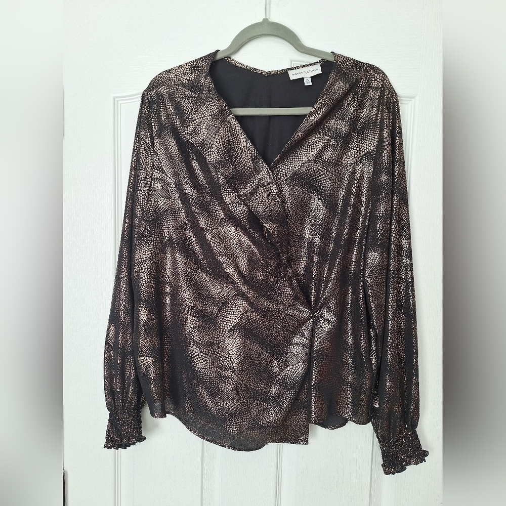 Gibson & Latimer Metallic Shimmer Holiday Party Blouse Faux Wrap Top